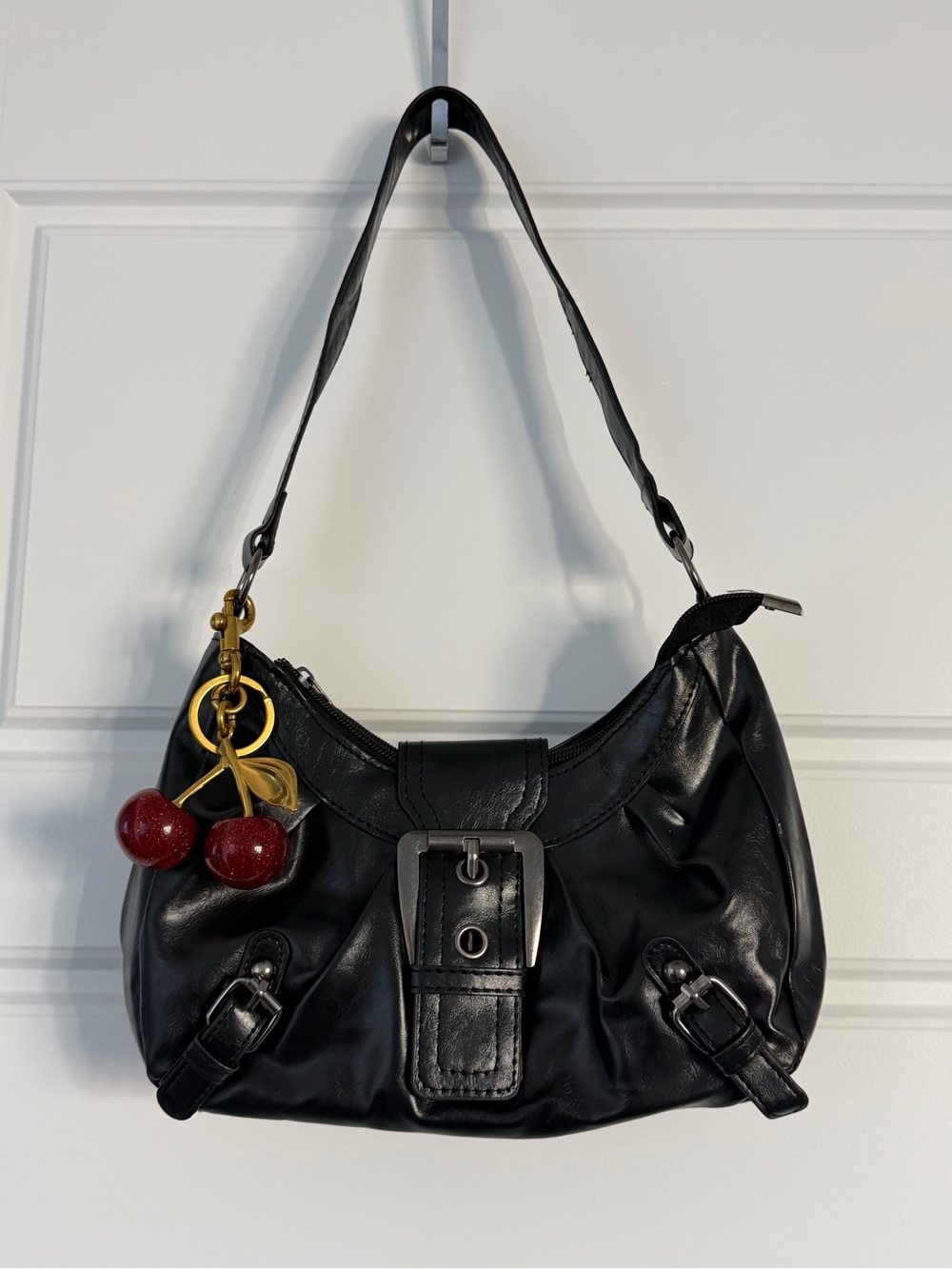 Black Leather Shoulder Bag with Cherry Charm